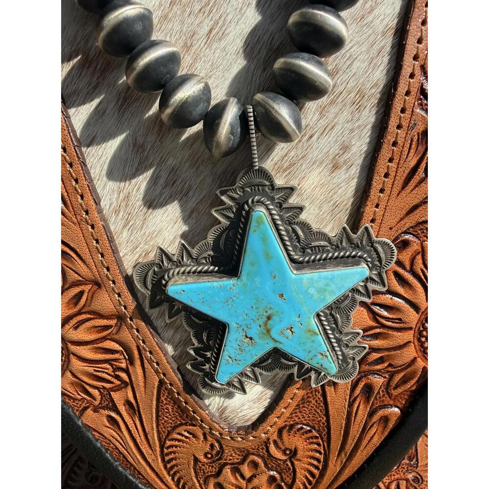 Native American Kingman Turquoise Star Pendant & Navajo 12 mm Pearl Necklace - Picture 6 of 9